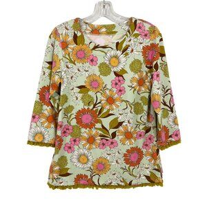 Spartina 449 Green Floral Tunic Top Fringe Trim Bold Print Cotton Size Small
